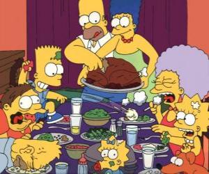 Puzzle Η οικογένεια Simpson κατά την ημέρα των Ευχαριστιών όπου οι οικογένειες συγκεντρώνονται για να φάνε